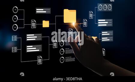 A conceptual representation of a user interacting with an abstract digital interface, showcasing folder management and data visualization in a modern Stock Photo