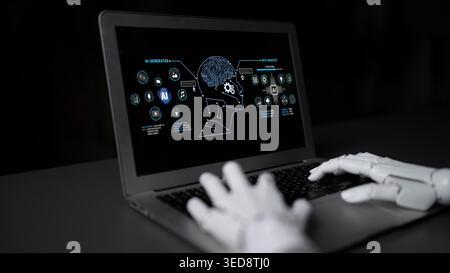 Futuristic Concept of Artificial Intelligence with Robotic Hand Interacting with Laptop Display Showing AI Graphics and Brain Analysis Interface Stock Photo