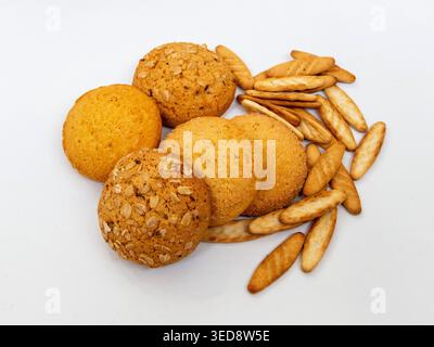 Corn, oatmeal cookies, crackers handmade on white background Stock Photo