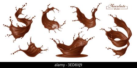 Chocolate splash and flow waves. Realistic 3d vector coffee and cocoa crown waves, tornado swirls with drops. Brown sweet liquid dessert streams, splashing with droplets for product promotions and ads Stock Vector