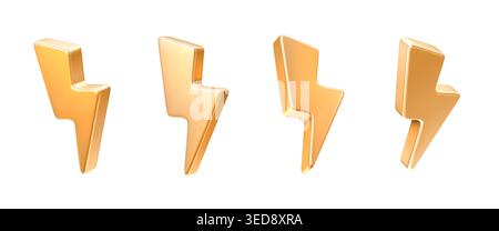 3d golden metal lightning icons, energy power arrows, thunder bolt and energy symbols. Realistic 3d gold thunderbolt flashes, storm strike bolts and golden lightnings for weather and warning signs Stock Vector