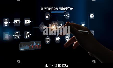 Hand Using Stylus on Digital Screen Showing Icons and Automation Concepts with AI Technology and Workflow Integration for Modern Business Solutions Stock Photo