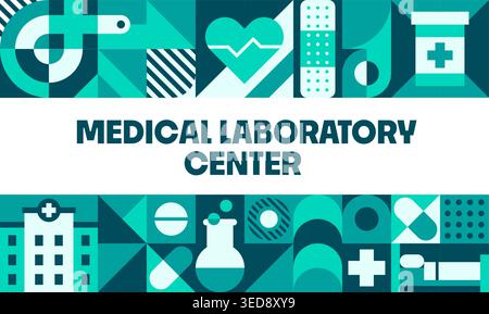 Medical laboratory banner with medicine geometric pattern, vector background. Medical lab geometric pattern of clinic with vial test or analysis flask, hospital and medicine pills or heart pulse Stock Vector