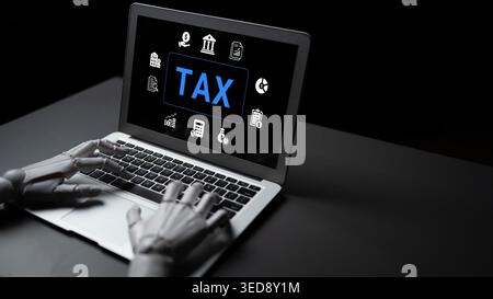 Robotic hand interacts with a laptop displaying tax-related icons, symbolizing the integration of technology in finance and automated office processes Stock Photo