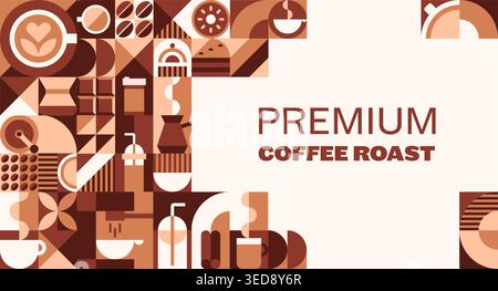 Premium coffee and hot chocolate banner with brown and beige geometric pattern, featuring cup, mug, kettle pot, grinder and roasted beans. Vector retro modern grid background for cafe or cafeteria Stock Vector