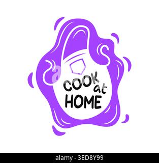 Kitchen cook icon, cook at home badge featuring bold lettering and apron within purple blob shape. Emblem symbolizing homemade food, kitchen creativity, culinary lifestyle, food meals recipe cooking Stock Vector