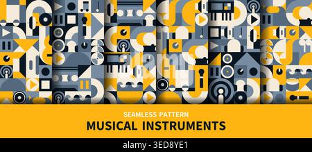 Music and sound geometric seamless patterns set. Vector retro modern tile backgrounds with musical instruments, audio symbols and abstract geometric shapes. Vintage bold yellow and grey wallpaper Stock Vector