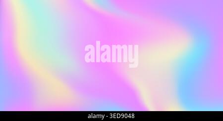 Dreamlike iridescent hologram foil surface background, rainbow gradient bg. Vector soft holographic backdrop with dreamy pastel pink, blue and yellow sheen, evoking serenity and fantasy shimmer light Stock Vector