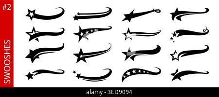 American sport swoosh and swash ribbon tails. Baseball sports flourishes with star tail, retro swish and swash underline ribbons with twinkle starlets. Vintage vector set of athletic typography script Stock Vector