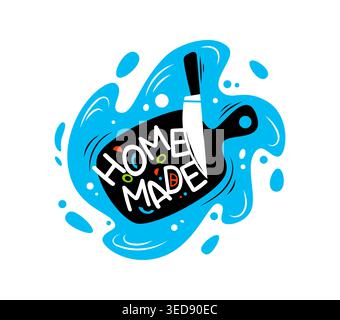 Homemade kitchen cook icon featuring a cutting board and knife with playful lettering and blue splash background. Emblem for food cooking, recipe book, company branding, packaging and home culinary Stock Vector