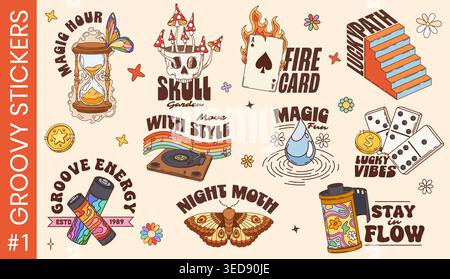 Y2K groovy and hippie funky stickers. Retro designs with hourglass, skull garden, playing card and vinyl record player. Retro vector film roll and dominoes for sticker packs or journal decorations Stock Vector