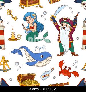 Cartoon pirates seamless pattern. Vector groovy tile background, y2k nautical wallpaper with retro pirate corsair captain character, sea mermaid, underwater funky whale, old treasure chest and skull Stock Vector
