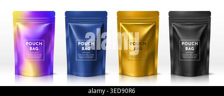Realistic pouch bag packages template mockup. Vector 3d foil stand up zipper sachets or doypack pouches for food product packaging. Blue, gold, black and iridescent aluminum zip lock bags set Stock Vector