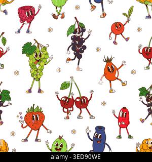 Groovy hippie berry characters seamless pattern. Cute cartoon fruits with expressive faces, including strawberry, cherries, grapes, currants and raspberry, rosehip or gooseberry white tile background Stock Vector
