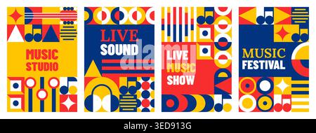 Live music festival and sound production posters with geometric pattern, vector backgrounds. Music posters for live concert or sound show and recording studio with geometric pattern of musical notes Stock Vector