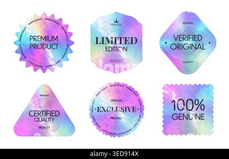 Hologram rainbow labels and stickers, holographic foil, iridescent gradient badges. Vector set of patches or tags premium product, limited edition, verified original, certified quality and exclusive Stock Vector