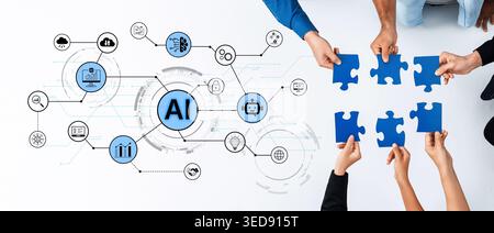 AI network diagram with connected technology icons for digital business. AI platform, analytics, AI automation, AI security for modern enterprise Stock Photo