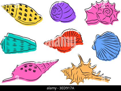 Hand drawn colorful sea shells collection in sketchy doodle style. Perfect for summer designs, beach patterns, stickers and greeting cards. Vector illustration Stock Vector