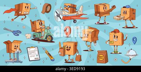 Cartoon groovy delivery cardboard box characters. Retro y2k carton parcels vector personages in delivery service courier uniform and super hero costume. Funny groovy brown paper boxes and packs Stock Vector