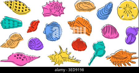 Seashells big set. Hand drawn colorful sea shells collection in sketchy doodle style. Perfect for summer designs, beach patterns, stickers and greeting cards. Vector illustration Stock Vector