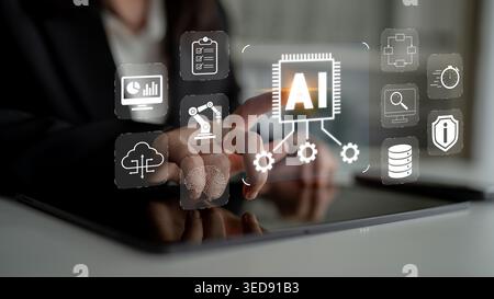 Business Professional Engaging with Tablet Technology, Featuring Artificial Intelligence Icons and Digital Innovations in Modern Workspace Environment Stock Photo