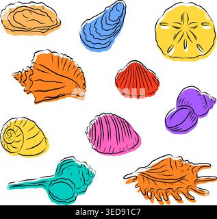 Hand drawn colorful sea shells collection in sketchy doodle style. Perfect for summer designs, beach patterns, stickers and greeting cards. Vector illustration Stock Vector