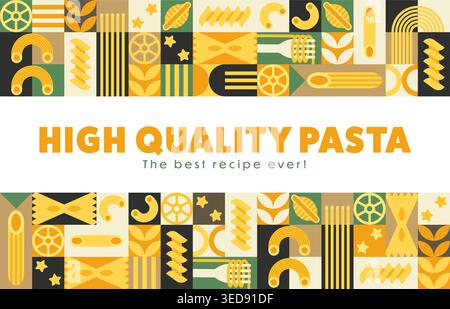 Noodles and Italian pasta banner with modern geometric pattern, featuring assorted high quality noodle shapes and kitchen motifs. Vector warm yellow and green culinary background for restaurant foods Stock Vector