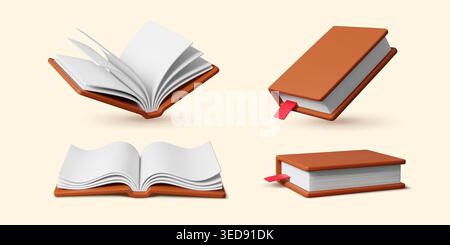 3d opened and closed book with hardcover, pages and bookmark. Realistic vector books showing reading, school education, learning, literature and student studies for academic, library and knowledge Stock Vector