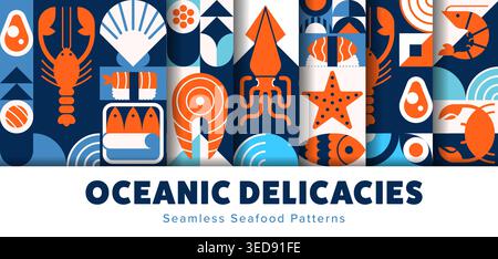 Seafood seamless patterns with modern geometric background of vector fish and shrimps. Seafood pattern of oceanic delicacy or sea food sushi with geometric tuna, starfish and crab or caviar and prawn Stock Vector