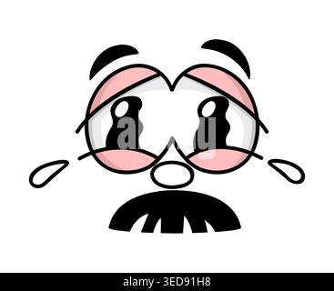 Cartoon unhappy face emotion, sad, upset and cheerless emoji expression with moustaches. Depressed crying face with large tearful eyes and whiskers, conveying upset, sorrowful and melancholy emotion Stock Vector
