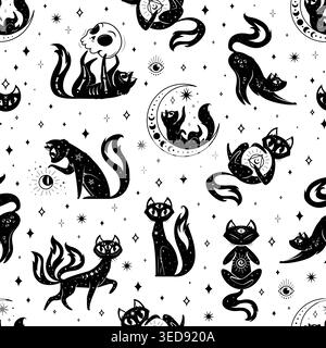 Seamless pattern on magic mystic cats, witchcraft. Mystic cat repeated details vector background, magic animal print. Esoteric pet textile backdrop or celestial kitty seamless pattern with stars Stock Vector