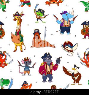 Animal pirate characters seamless pattern with cartoon funny corsairs, vector background. Pirate animals pattern with giraffe captain and frog in tricorne hat, crab sailor with sword and mouse skipper Stock Vector