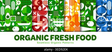 Organic food seamless patterns with geometric background of fruits and vegetables in vector mosaic art. Organic fresh food pattern with geometric farm corn and avocado, broccoli and cucumber Stock Vector