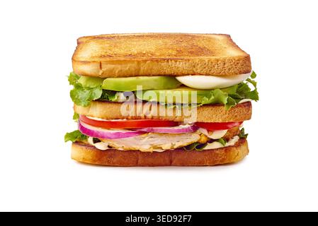Colorful toasted sandwich with fresh ingredients. Closeup of savory club sandwich with vegetables and turkey Stock Photo