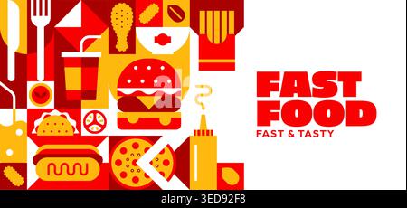 Fast food banner with red and yellow takeaway geometric pattern, vector background. Fast food pattern of cheeseburger and hot dog, soda drink, pizza and mustard with potato fries for restaurant menu Stock Vector
