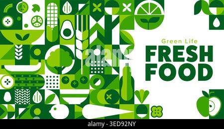 Fresh organic food fruits and vegetables banner with geometric pattern, vector background. Organic food pattern with geometric farm cucumber and corn, wheat and carrot and green avocado with broccoli Stock Vector
