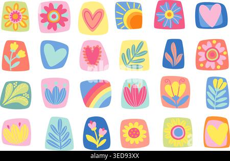 Cute collection of floral and heart icons in modern flat boho style. Colorful organic shapes for social media, stickers, patterns, and spring designs. Vector illustration Stock Vector