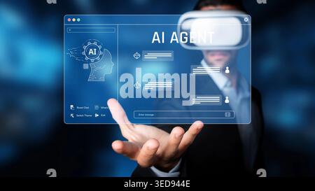 A modern virtual reality interface showcases an AI agent with user interaction features, highlighting innovative technology and digital experiences in Stock Photo