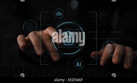 Cybersecurity system interface with biometric lock and data protection. Cybersecurity protects access, identity, cyber security prevents threats, and Stock Photo