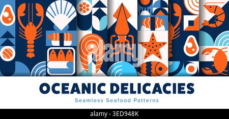 Seafood seamless patterns with modern geometric background of vector fish and shrimps. Seafood pattern of oceanic delicacy or sea food sushi with geom Stock Vector