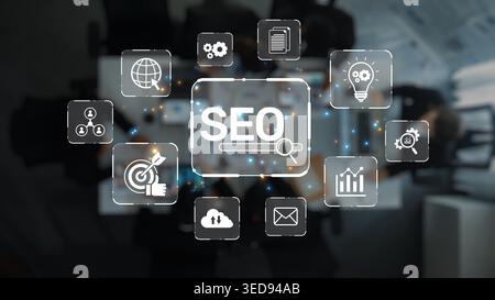 Explore the essential digital marketing concept showcasing SEO strategies and various icons, emphasizing the importance of online visibility and Stock Photo