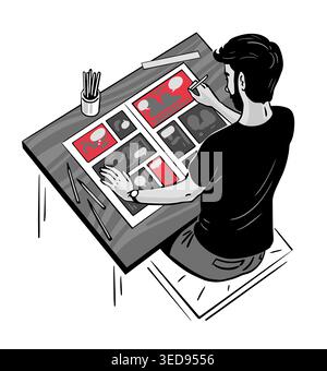 Comic artist drawing storyboard panels on paper at desk top view creative process illustration with red accents storytelling and design concept Stock Vector