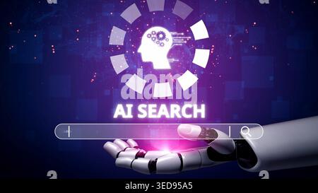 AI search engine systems enhance SEO data access. Intelligent search engines powered by AI improve search results. AI-driven search tools help process Stock Photo