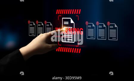 A hand interacts with a digital screen displaying a warning document concept, highlighting the importance of cybersecurity and data protection in Stock Photo