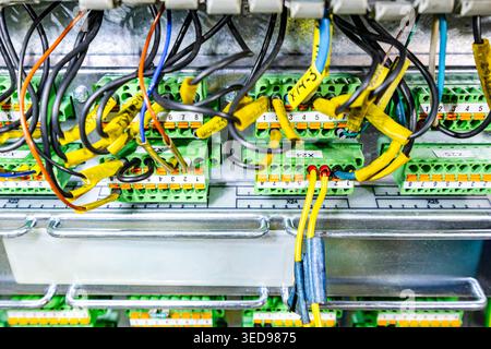 Industrial electrical terminal blocks with connected labeled wires in a distribution control box close up Stock Photo