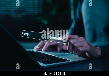 AI generative prompt engineering concept. hand pressing generate button on virtual interface to represent artificial intelligence smart technology, Stock Photo