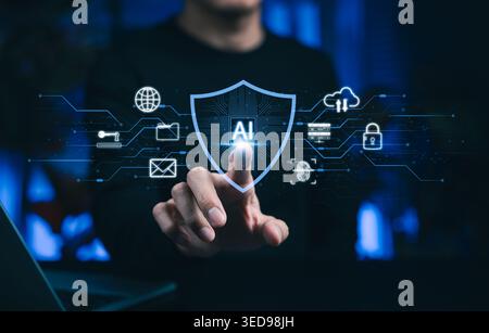 AI cybersecurity protection concept. Person touching virtual AI shield on digital network, with lock, cloud, email, biometric, and server icons Stock Photo