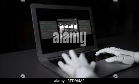 A robotic hand interacts with a laptop displaying various digital content and coding elements in a dark setting, highlighting the intersection of Stock Photo