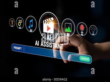 Innovative AI Assistant Interface with User Interaction on Dark Background, Showcasing Multimedia Options for Content Creation and Engagement Quark. Stock Photo