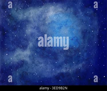 Watercolor vector background with starry night sky, deep blue space filled with bright stars, soft clouds and abstract cosmic texture, dreamy and calm design Stock Vector